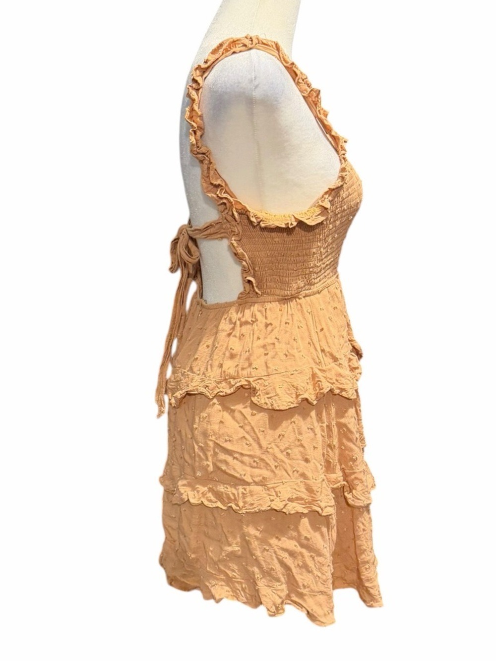 Mable Lulaa Swiss Dot Smocked Open Back Ruffle Tiered Mini Dress Size Small - Picture 4 of 8